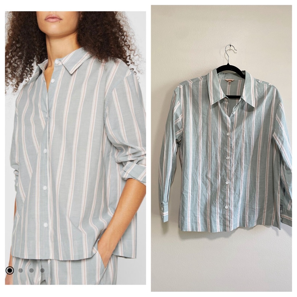 Eberjey Mint Green and White Striped Button-Up Pajama Top